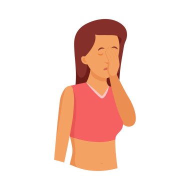 Spor sutyen serin genç kız el palmiye ile yüzünü kapak