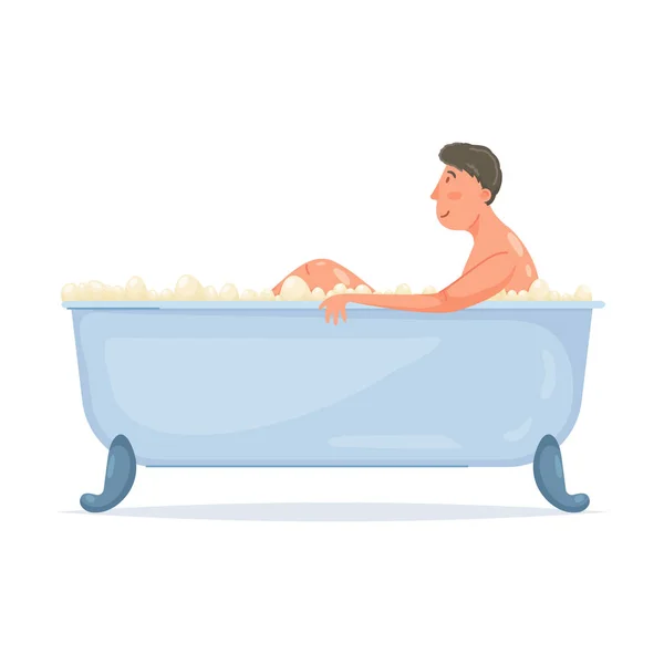 Lindo hombre joven tomar baño caliente en bañera moderna — Vector de stock