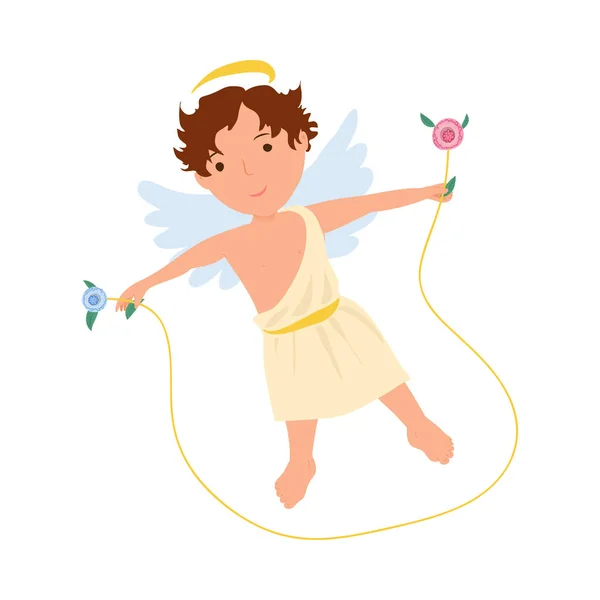 白い服を着たかわいい天使の少年がジャンプロープでジャンプ — ストックベクタ