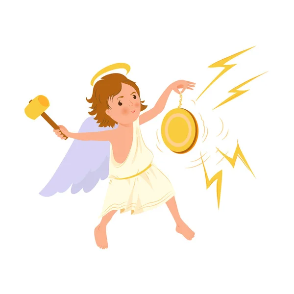 Cute angel boy play at gold musical instrument — Stock Vector