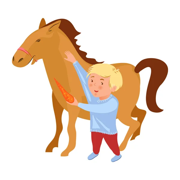 Mignon blonde cheveux garçon donner frais rouge carotte à cheval — Image vectorielle