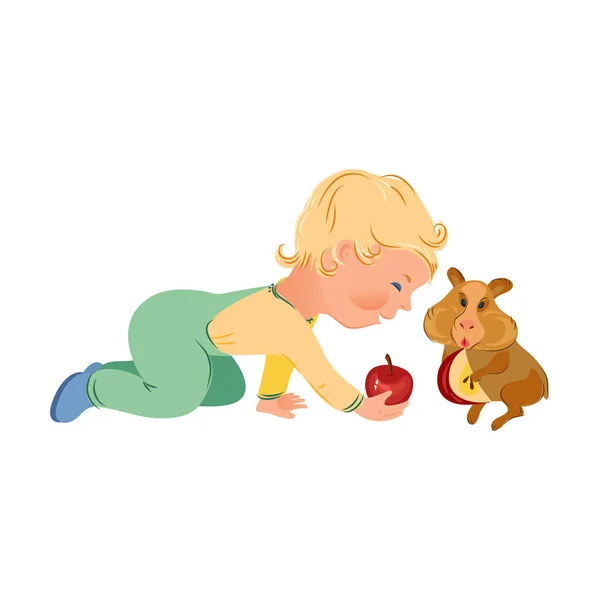 金发男孩给红苹果仓鼠 — 图库矢量图片