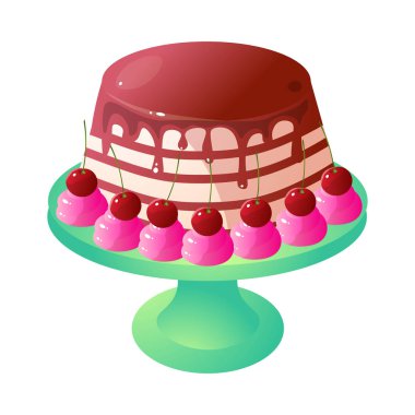 Stand üzerinde kırmızı kiraz ile sevimli çikolata kremsi kek