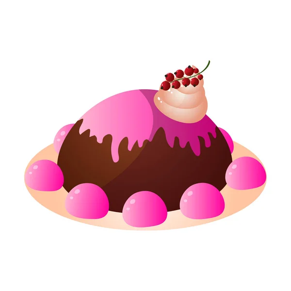 Pastel cremoso de chocolate con dulces de jalea rosa y bayas — Vector de stock