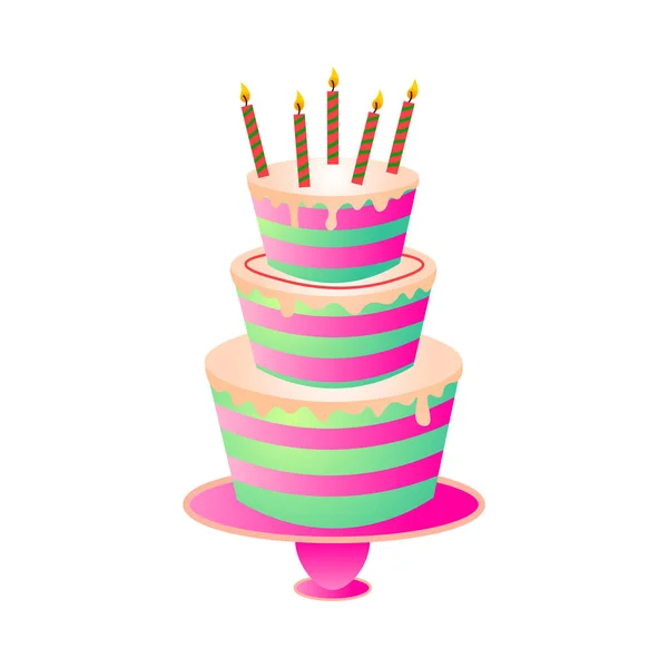 Милий барвистий торт на день народження з палаючими свічками на підставці — стоковий вектор