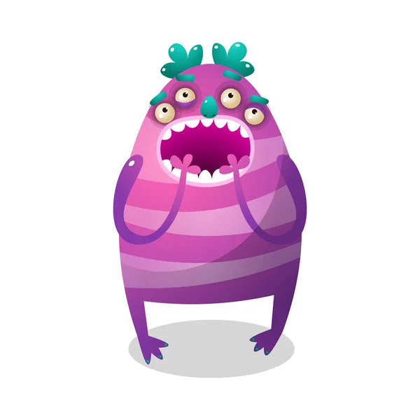 Cute colorful purple monster with four eyes and legs — Stock Vector
