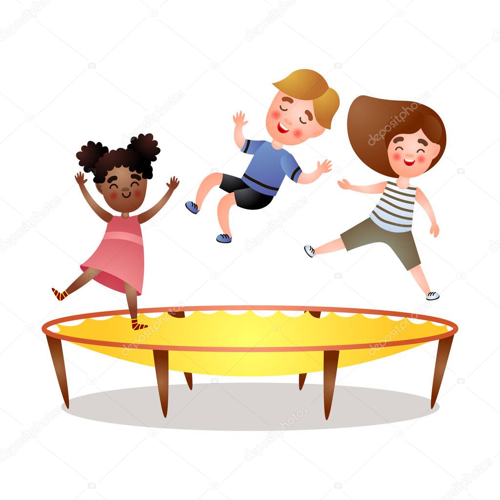 African and brunette girl, cute boy jumping at trampoline
