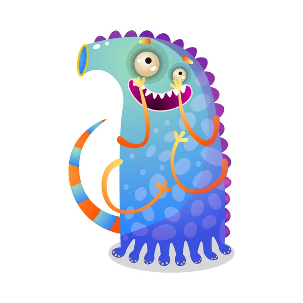 Monster lucu berwarna-warni dengan ekor dan empat tangan - Stok Vektor