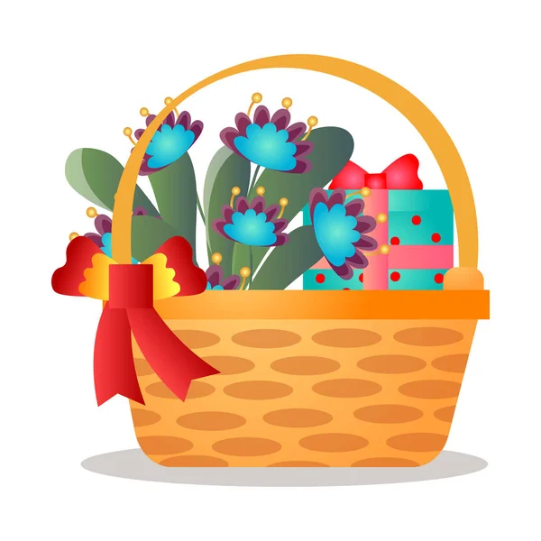 Gran cesta de regalo de madera con cinta roja y ramo de flores — Vector de stock