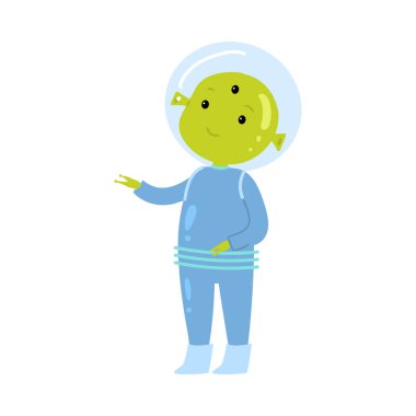 Onun ev gezegeni mavi uzay giysisi göstermek sevimli yeşil yabancı