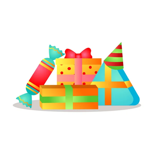 Cajas de regalo coloridas con cinta diferente y dulces dulces — Vector de stock