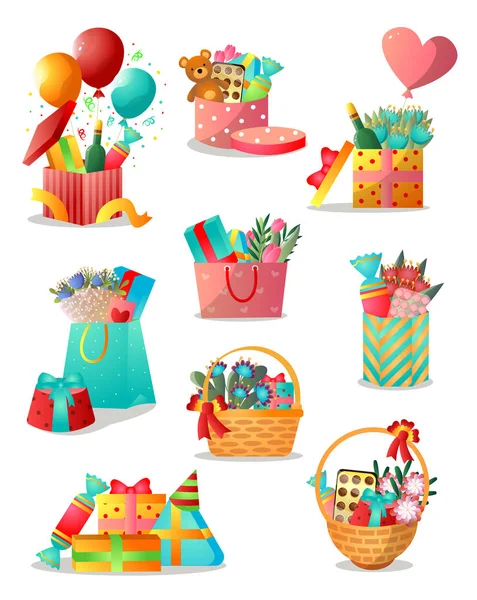 Ensemble de différentes boîtes-cadeaux colorées ou panier pour les vacances — Image vectorielle