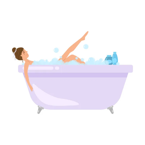 Linda chica sexy tomar un baño en bañera de espuma — Vector de stock