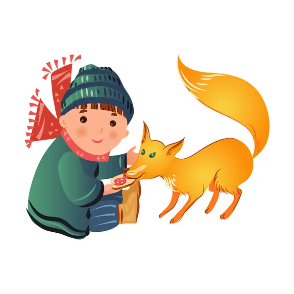 Lindo sonriente chico en invierno ropa es dar comida a fox — Vector de stock