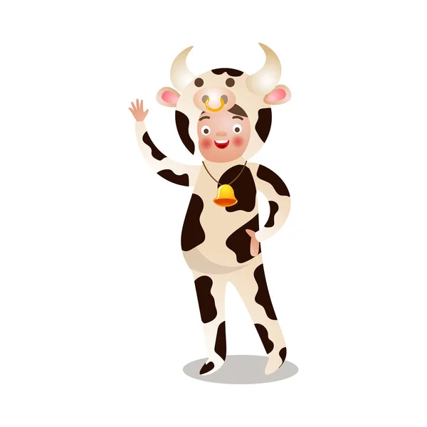 Linda chica feliz sonriente en traje de vaca de leche — Vector de stock