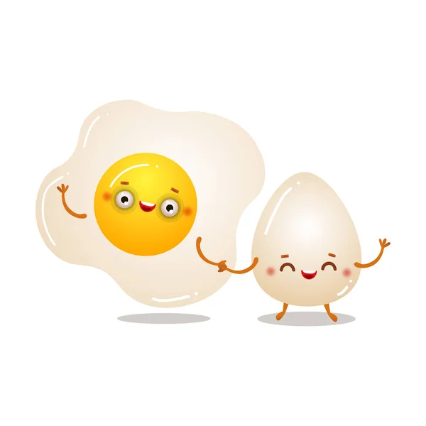 Cute smiling fried egg and chicken egg character friends — Stock Vector