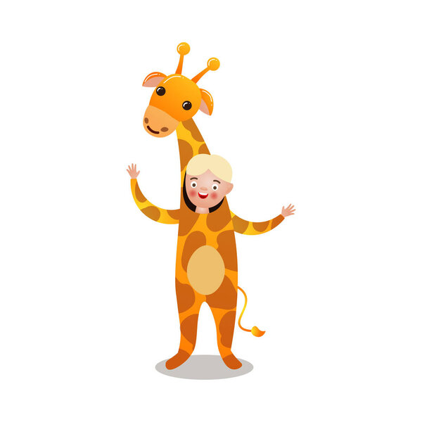 Cute blonde hair boy smiling in giraffe costume