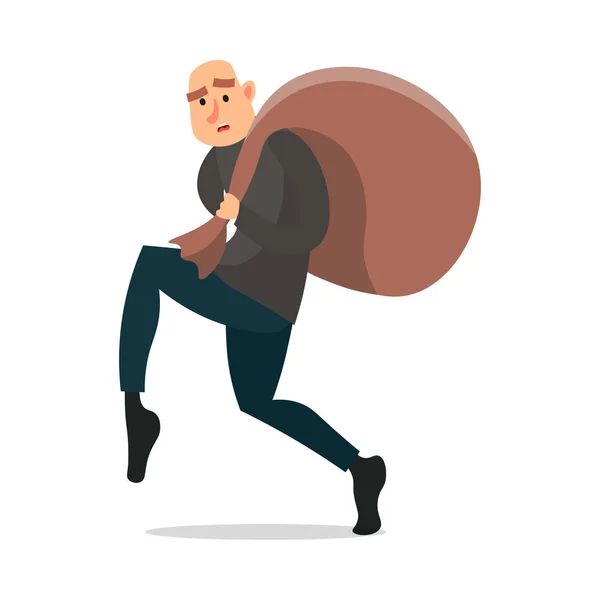 Bald modern burglar walking very quiet with money sack — Stock Vector