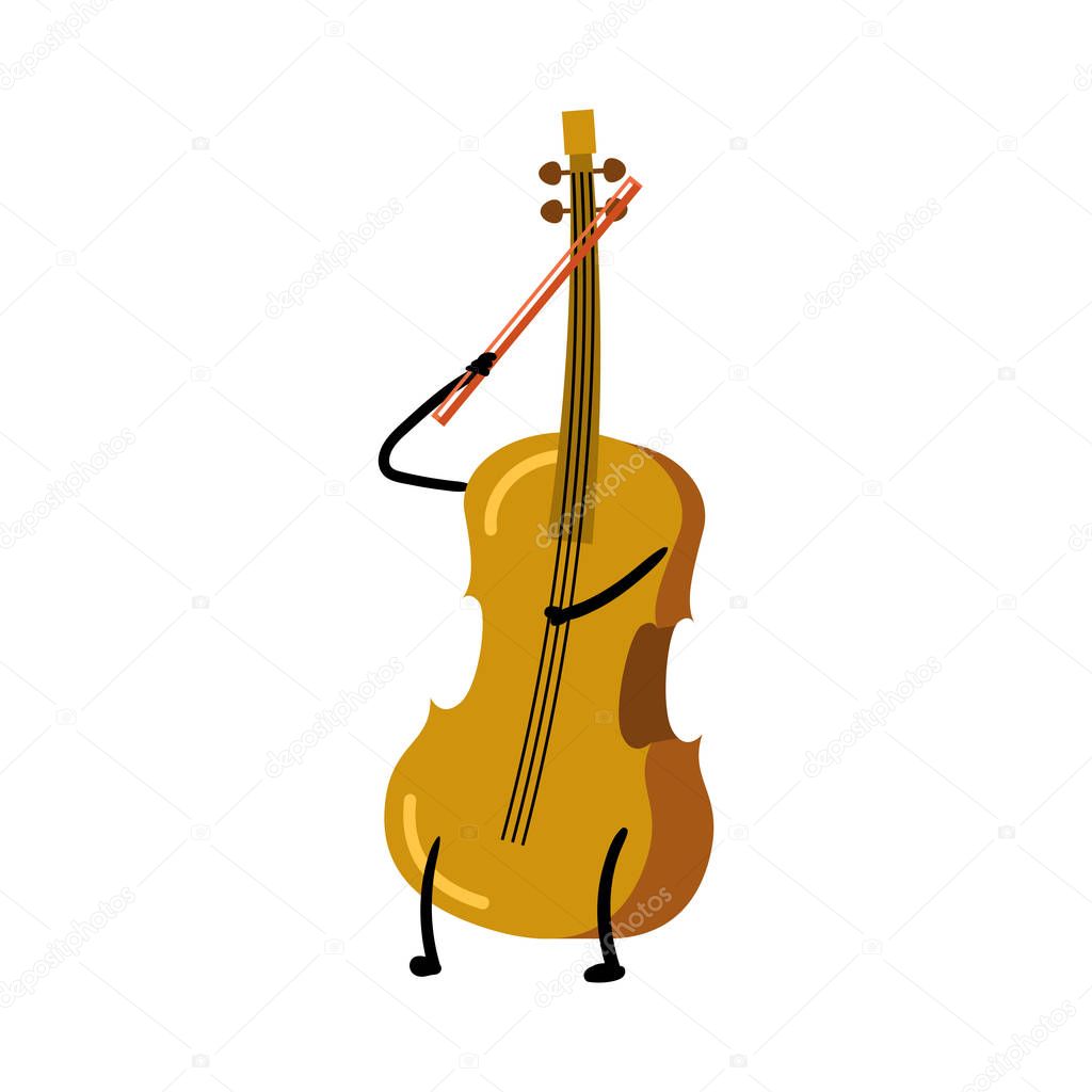 Cute funny wood cello playing character with hands
