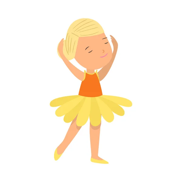 Linda chica de pelo rubio sonriente en ropa de ballet amarillo — Vector de stock