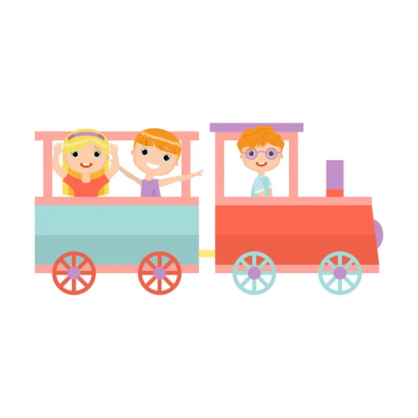 Χαρούμενα χαμογελαστά παιδιά ιππασία στο λούνα παρκ πολύχρωμο τρένο — Διανυσματικό Αρχείο