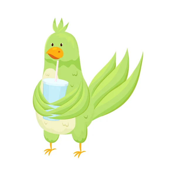 Sladký rozkošný zelený papoušek pije čerstvou sodovku ve skle — Stockový vektor