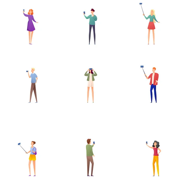 Conjunto de diferentes personas de moda moderna haciendo selfie — Vector de stock