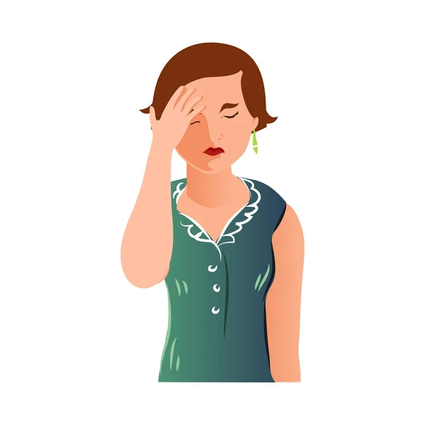 Mignonne mère fatiguée en robe verte couvrir son visage — Image vectorielle