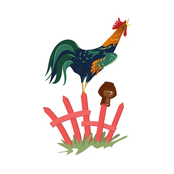 Cute colorful farm rooster stay on wood fence — Stock Vector