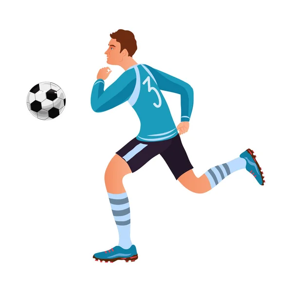 Soccer or football player in blue uniform running with ball — Stock Vector