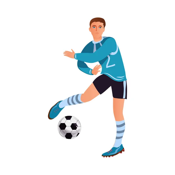 파란색 유니폼을 입은 현대 축구 선수가 공을 가지고 춤을 추고 있습니다. — 스톡 벡터