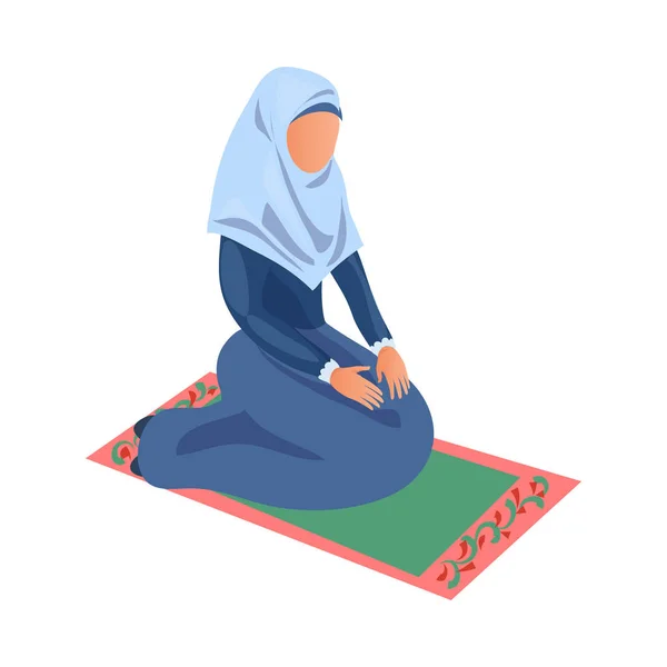 青い服を着たイスラム教徒の女性がアッラーに祈りを捧げる — ストックベクタ