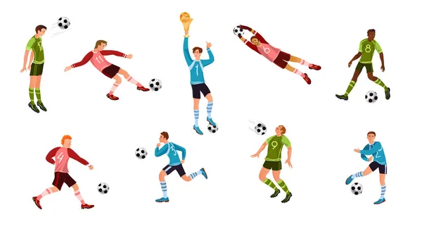 Conjunto de diferentes jogadores de futebol ou futebol em uniforme colorido —  Vetores de Stock