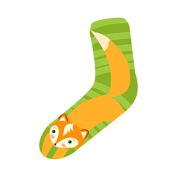 Χαριτωμένο στυλ Πράσινη κάλτσα χρώμα με πορτοκαλί αλεπού Print — Διανυσματικό Αρχείο