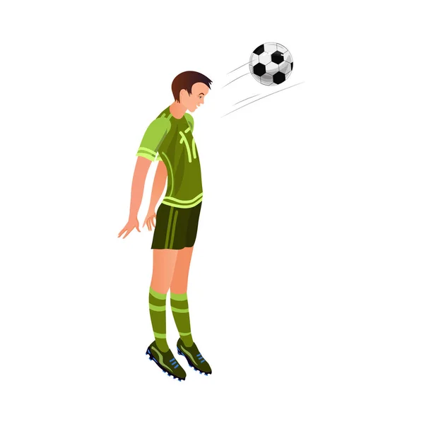 Lindo jugador de fútbol en uniforme verde negro hacer bola de cabeza — Archivo Imágenes Vectoriales