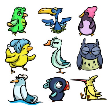 Farklı duygular ile sevimli komik renkli kuşlar.