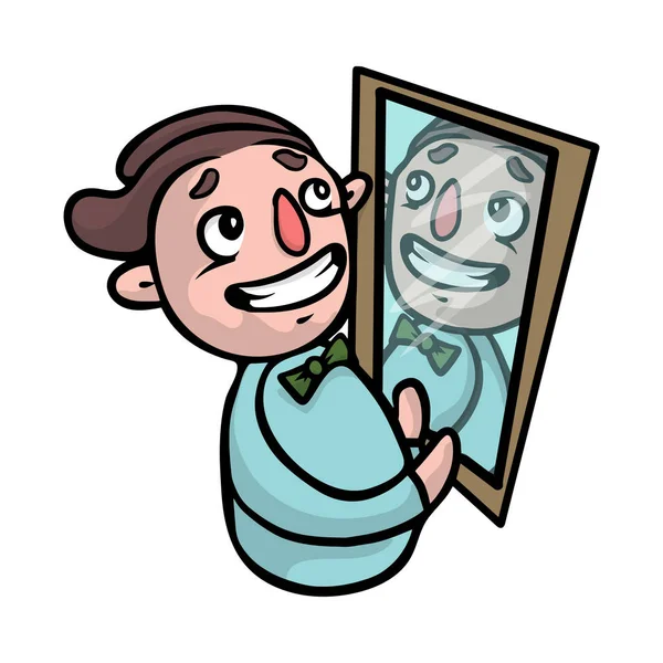 Un jeune beau mec se regarde dans le miroir et se montre devant lui . — Image vectorielle