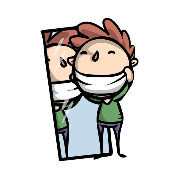 En ung stilig kille ser i spegeln och visar upp framför honom. — Stock vektor