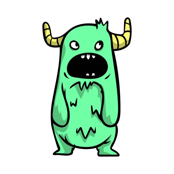Vackra glada och söta tecknade monster med stora horn av grön färg. — Stock vektor