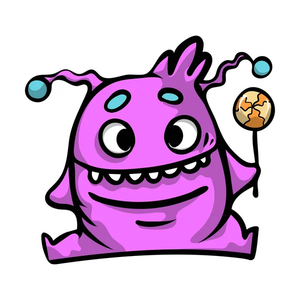Schöne fröhliche und niedliche Cartoon-Monster mit einem Bonbon in der Hand und einem freundlichen Lächeln. — Stockvektor