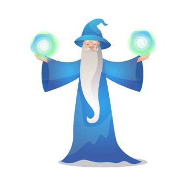 Wizard character in action poses. Colorful raster illustration in flat cartoon style clipart
