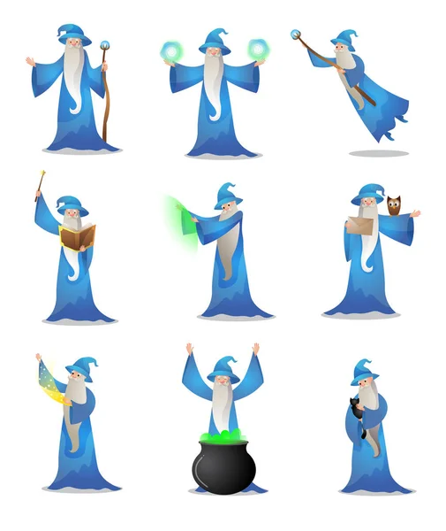 Ensemble coloré de personnage de magicien dans diverses poses d'action. Illustration matricielle dans le style dessin animé plat — Image vectorielle