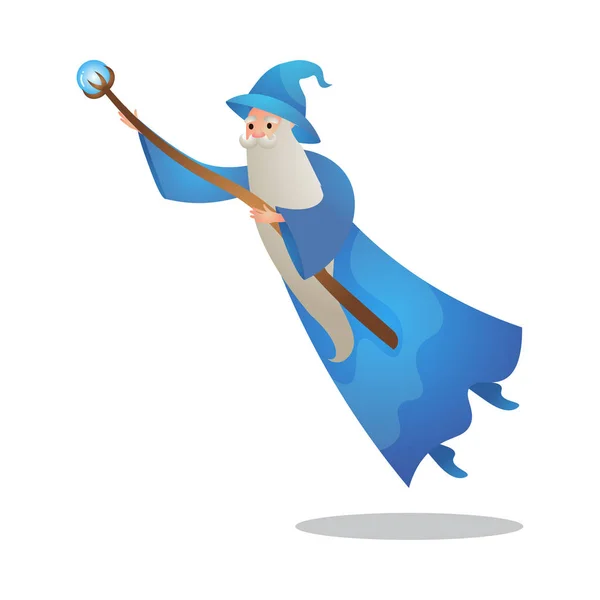 Zaubererfigur in Aktion posiert mit dem Zauberstab. bunte Rasterillustration im flachen Cartoon-Stil — Stockvektor