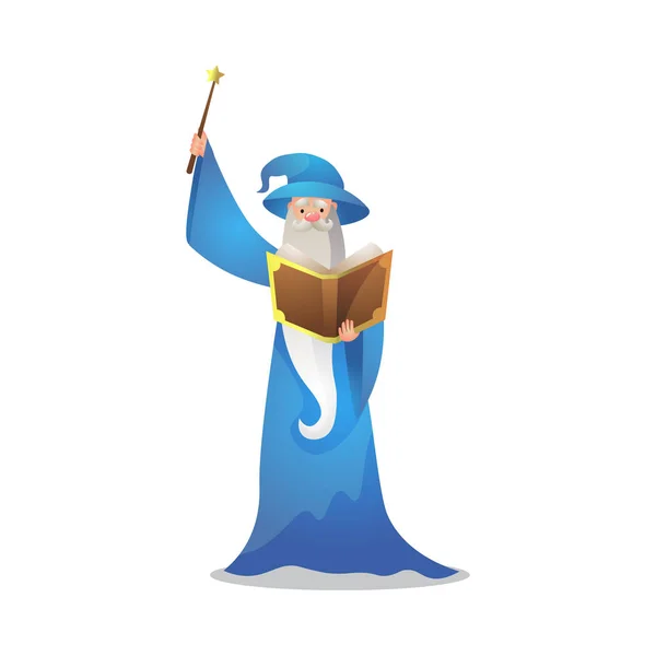 Le personnage magicien en action pose avec la baguette magique et livre. Illustration matricielle colorée dans un style de dessin animé plat — Image vectorielle