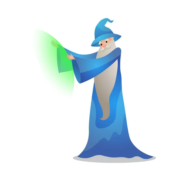 Le personnage de magicien en action pose. Illustration matricielle colorée dans un style de dessin animé plat — Image vectorielle