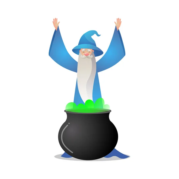 Wizard karaktär i aktion innebär med potten och Potion. Färgglada raster illustration i platt tecknad stil — Stock vektor