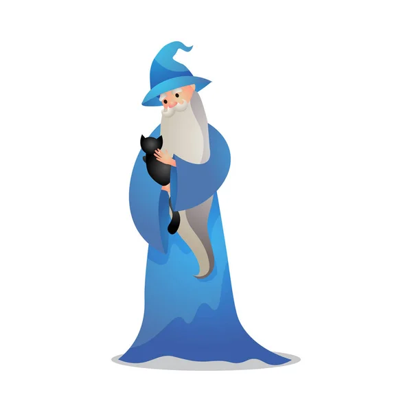 Wizard karaktär med en katt. Färgglada raster illustration i platt tecknad stil — Stock vektor