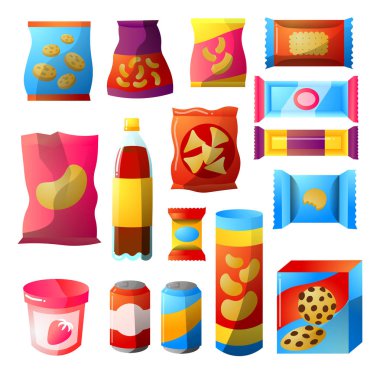 Fast food, Otomat ürünleri paketleri tasarım seti. Clipart illüstrasyon