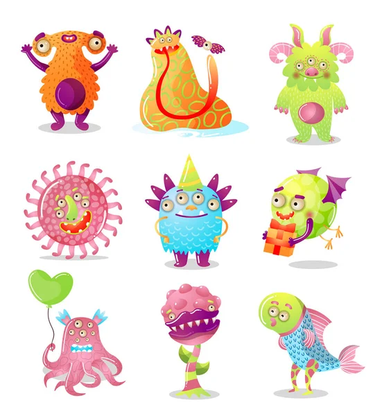 Conjunto colorido de desenhos animados monsters.Raster ilustração em estilo de desenho animado plano —  Vetores de Stock