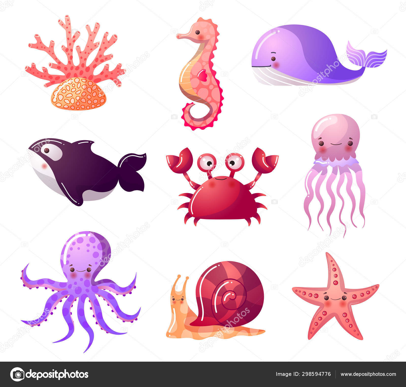 Colorful set of sea  illustration in the flat cartoon style  of ocean animals Stock Vector Image by © #298594776